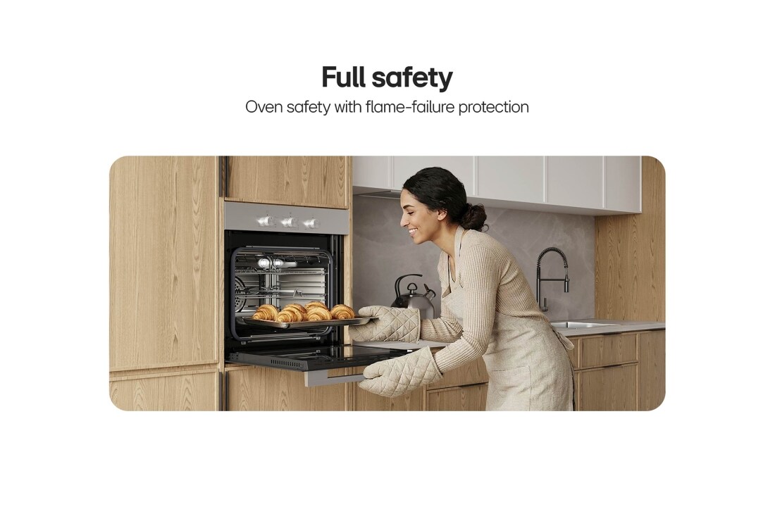LG 60cm Built-In Gas Oven, 52L Capacity with Air Fry Function, Woman placing a tray of baked pastries into a built-in oven., WSG3D6011S, thumbnail 7
