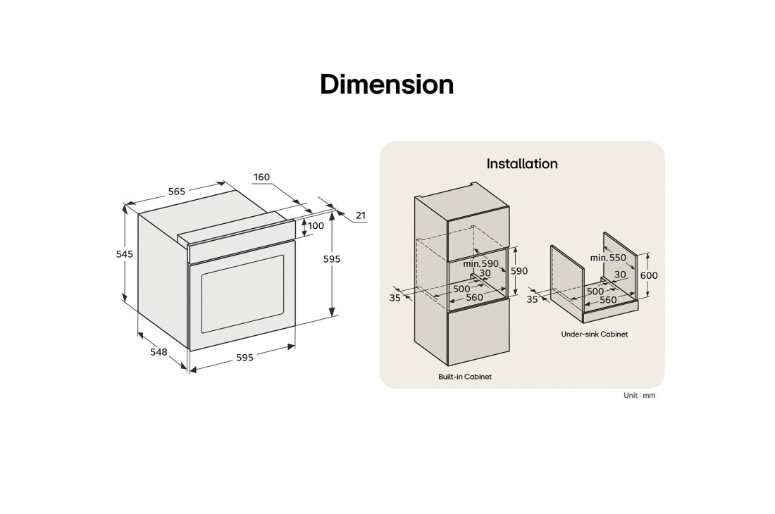 LG 60cm Built-In Gas Oven, 52L Capacity with Air Fry Function, Oven dimensions and built-in cabinet installation diagram with measurements., WSG3D6011S, thumbnail 14