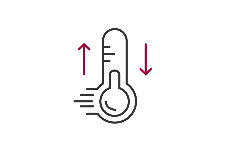 A line-drawn thermometer icon with a red upward arrow on the left and a downward arrow on the right indicates quick temperature control for both heating and cooling.