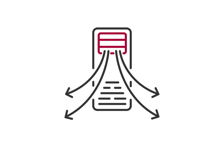 A line-drawn icon of an air conditioning unit with red fins at the top and four black arrows extending outward symbolizes wide-range airflow.