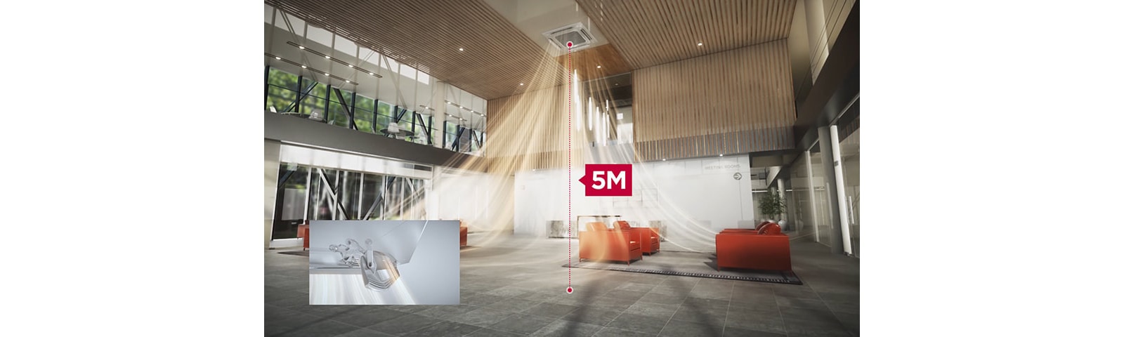 Image of airconditioning air reaching 5 meters all the way to the floor.