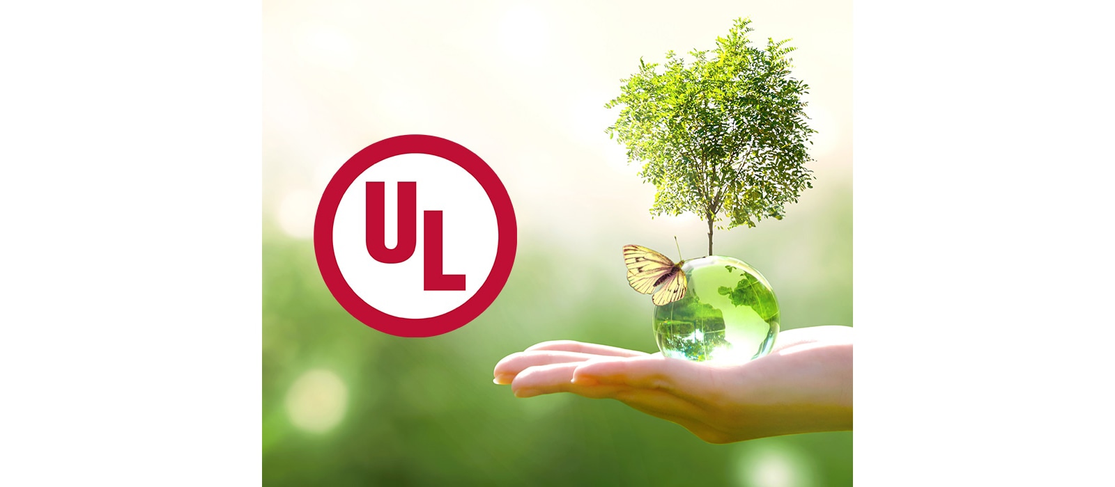 A logo of UL and a person holding a small tree with a butterfly on it.