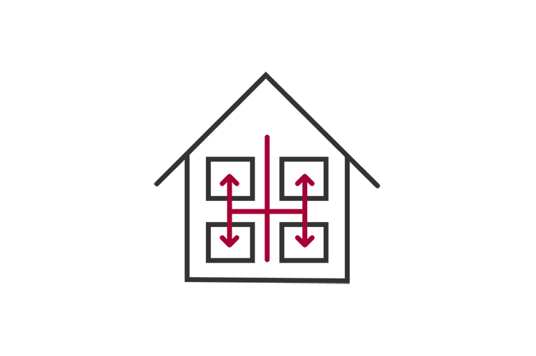 A simple house outline icon with three interior arrows indicates the airflow direction of the LG Ceiling Concealed Duct in different rooms, symbolizing efficient air Management of Multiple Spaces.