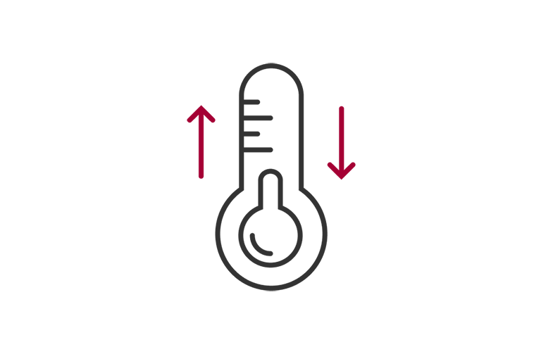 A thermometer symbol icon with red arrows indicating adjustable temperature setting represents the Optimal Temperature Control for LG Ceiling Concealed Duct.