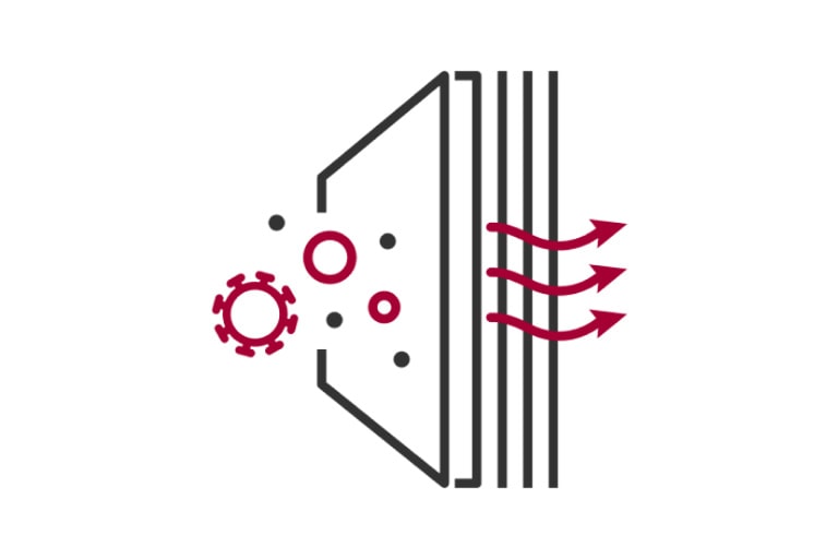 Clean Air with Advanced Purification icon showing an air filter removing particles to represent purified air.