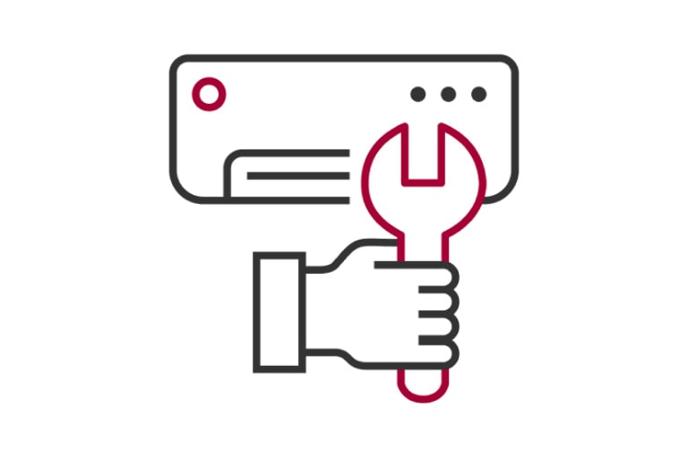 Convenient Installation & Maintenance icon featuring a hand holding a wrench in front of an air conditioning unit.