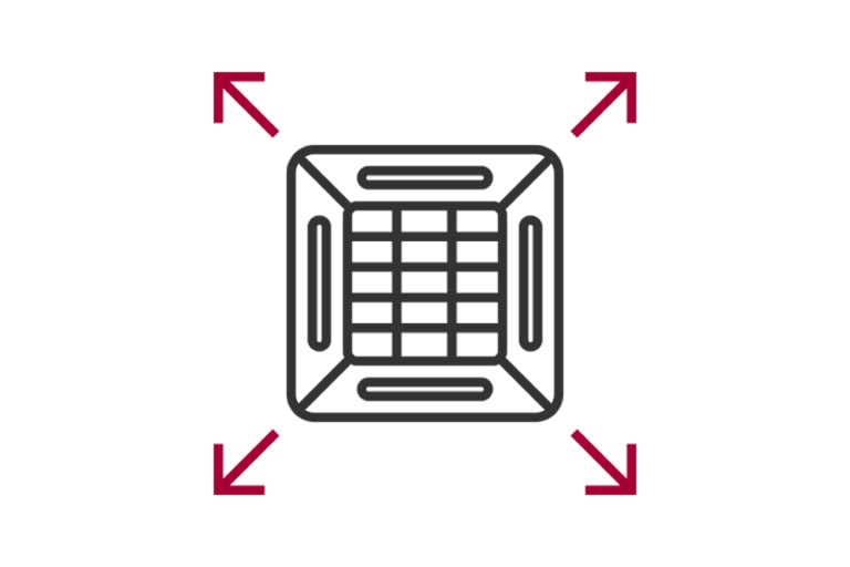 Wide Coverage Area icon featuring a square ventilation grid with arrows pointing outward in all directions.
