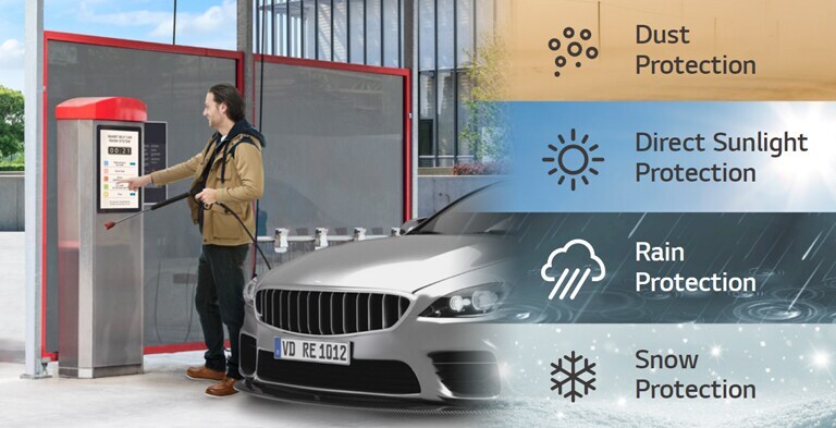 The 22XF1TJ is used as an touch kiosk display in a self-service car wash. The 22XF1TJ is protected against dust, direct sunlight, rain, and snow.