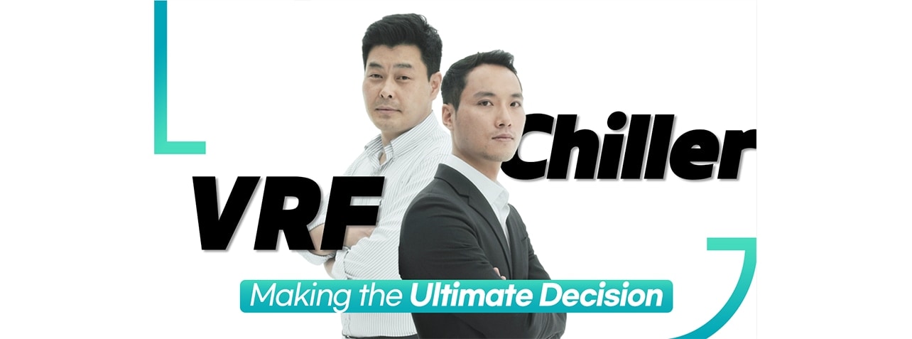 "Two men are crossing their arms and turning their backs on each other. (text) VRF Chiller Making the Ultimate Decision"