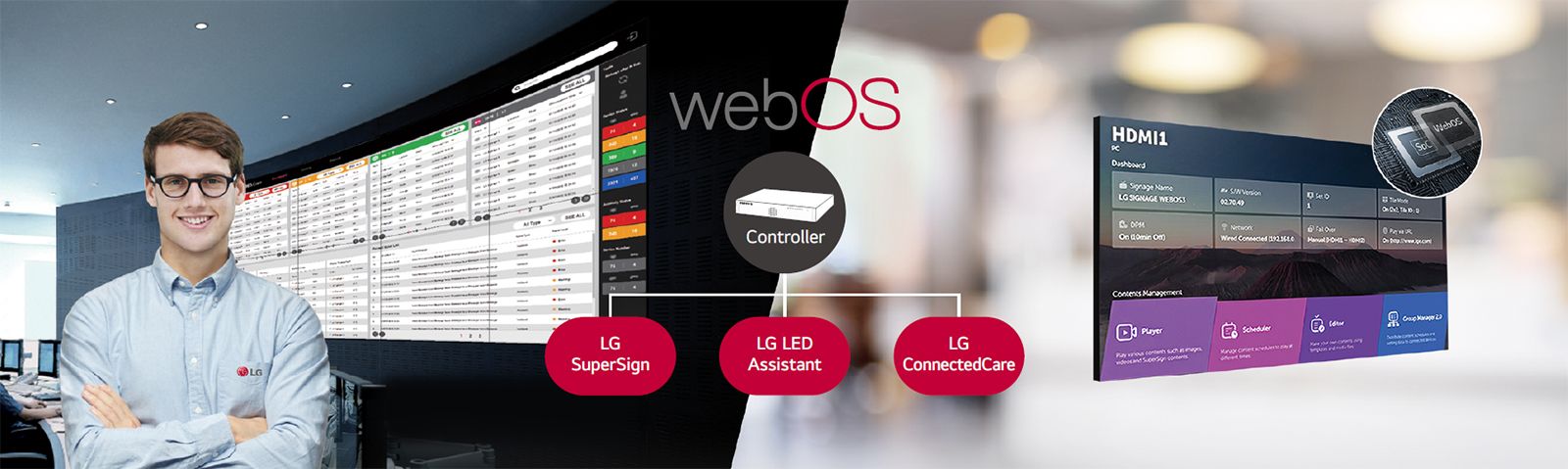 The LG employee is remotely monitoring the LSBE series installed in a different place by using a cloud-based LG monitoring solution. System controller with webOS enables LSBE series to be compatible with LG software solutions.