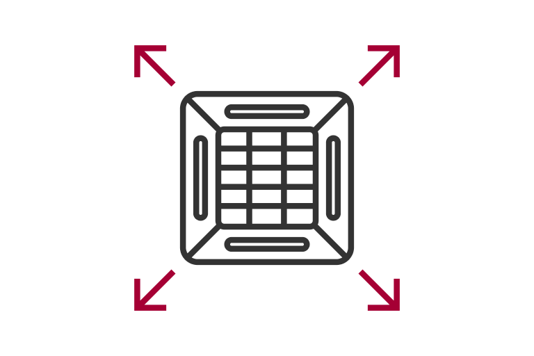 Wide Coverage Area icon featuring a square ventilation grid with arrows pointing outward in all directions.