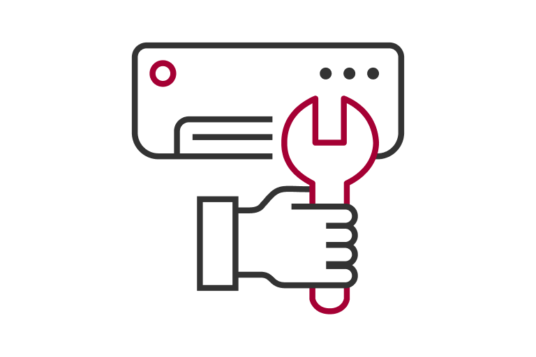 Convenient Installation & Maintenance icon featuring a hand holding a wrench in front of an air conditioning unit.
