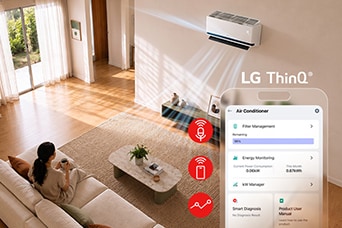 A woman sitting on a sofa in a living room with a wall air conditioner and a smartphone app overlay.
