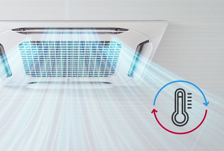 The LG ceiling mounted cassette provides powerful blue airflow and temperature icon indicating humidity sensing.