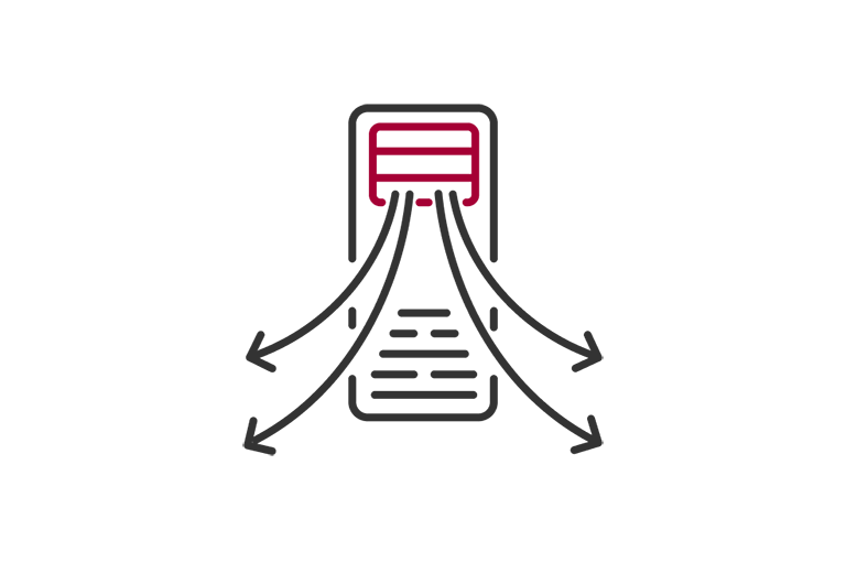 A line-drawn icon of an air conditioning unit with red fins at the top and four black arrows extending outward symbolizes wide-range airflow.