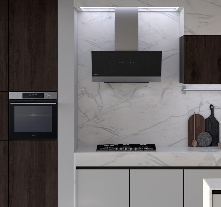 This is a kitchen image with LG built-in oven, hood, and gas hob installed.