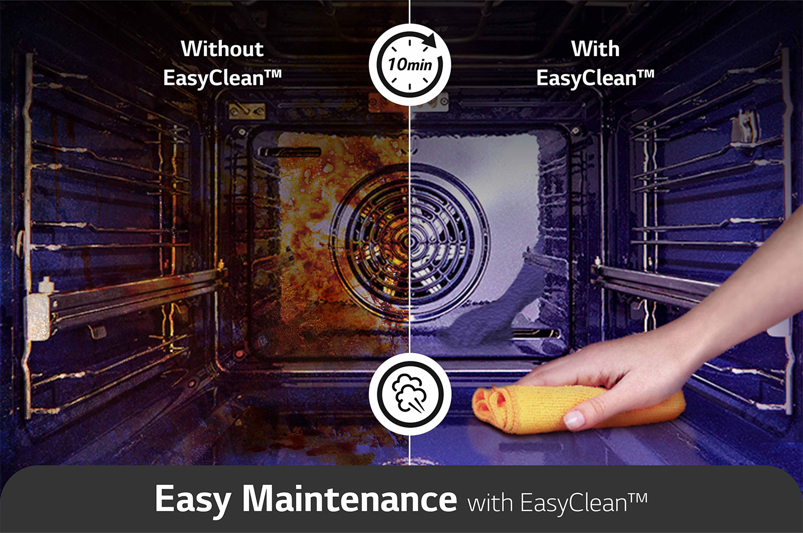 LG InstaView Oven 76 Liters A++ Air Fry & Air Sous-Vide, EasyClean_On the left is the inside of the messy product, and on the right is the oven cleaned through the EasyClean function., WSED7665B