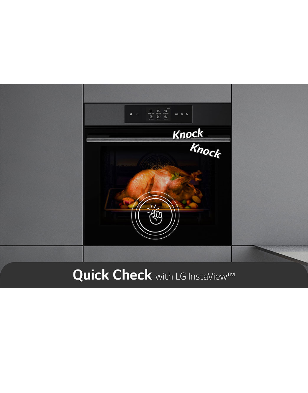 LG InstaView Oven 76 Liters A++ Air Fry & Air Sous-Vide, InstaView_There is a pictogram on the door that expresses the knock, and the inside of the oven is lit up., WSED7665B