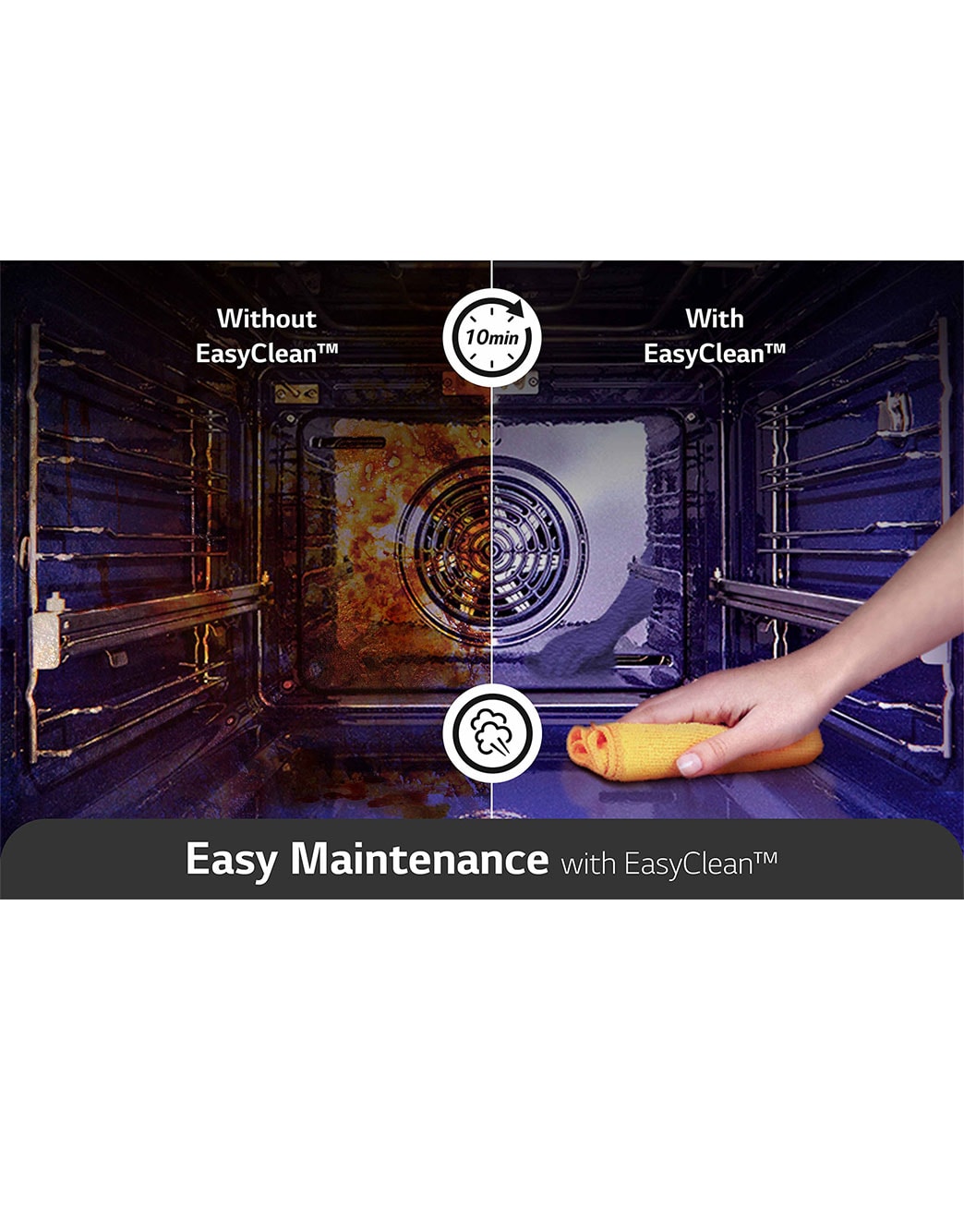 LG InstaView Oven 76 Liters A++ Air Fry & Air Sous-Vide, EasyClean_On the left is the inside of the messy product, and on the right is the oven cleaned through the EasyClean function., WSED7665B