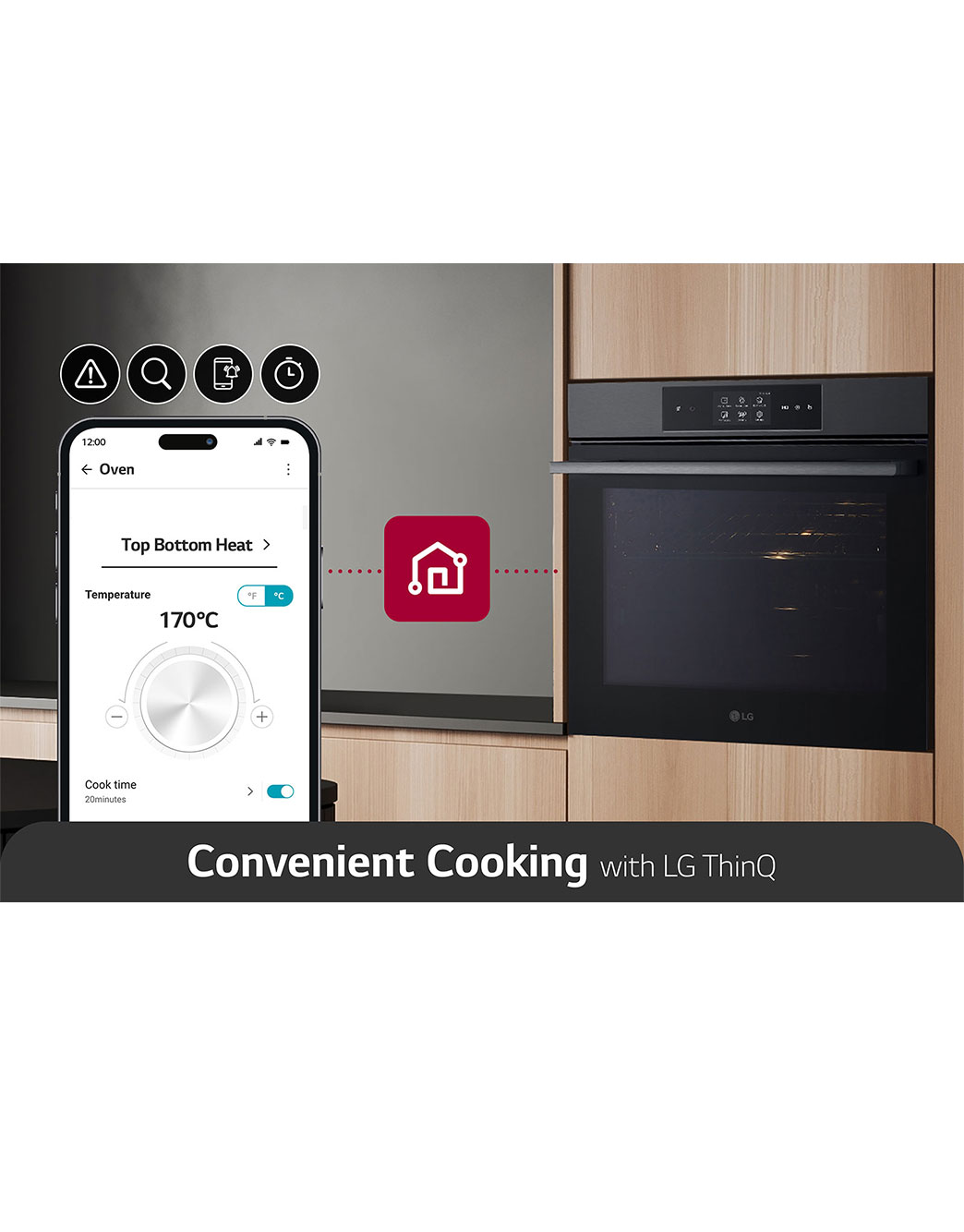 LG InstaView Oven 76 Liters A++ Air Fry & Air Sous-Vide, ThinQ_The oven and mobile are connected by the ThinQ logo. There are icons on the mobile that express ThinQ functions., WSED7665B