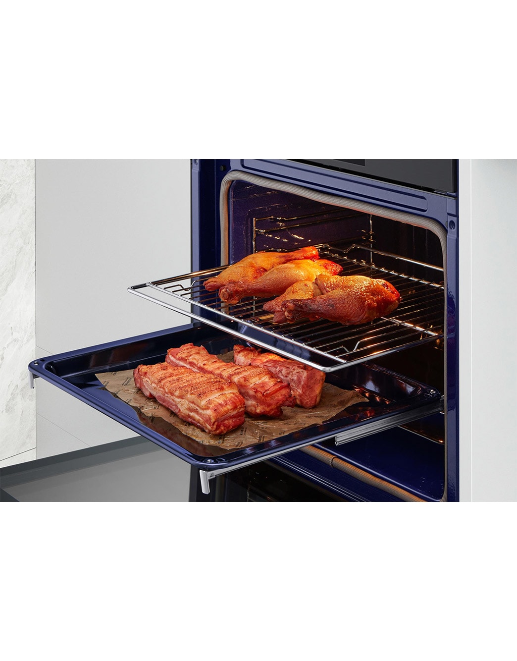 LG InstaView Oven 76 Liters A++ Air Fry & Air Sous-Vide, Open product with food, WSED7665B