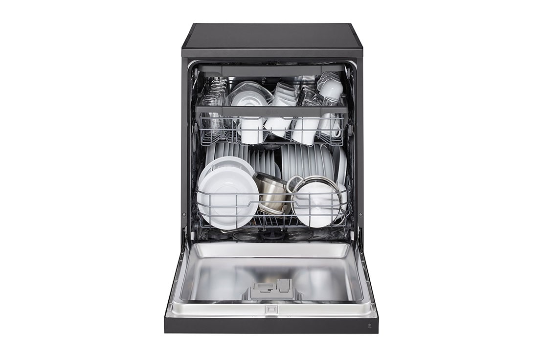 LG QuadWash™ Dishwasher, 14 Place Settings, EasyRack™ Plus, Inverter Direct Drive, ThinQ, Black color, front view with dish, DFC513FD, thumbnail 2