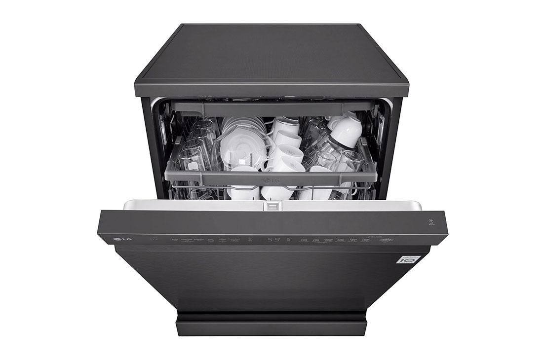 LG QuadWash™ Dishwasher, 14 Place Settings, EasyRack™ Plus, Inverter Direct Drive, ThinQ, Black color, front view with door open, DFC513FD, thumbnail 4