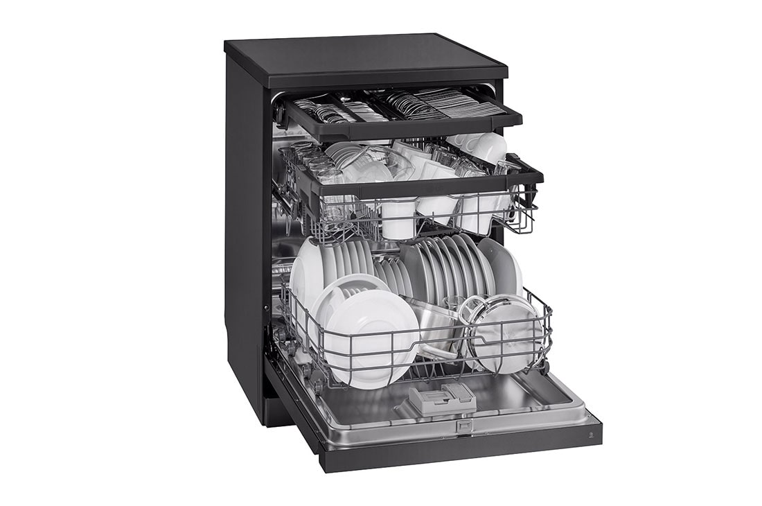 LG QuadWash™ Dishwasher, 14 Place Settings, EasyRack™ Plus, Inverter Direct Drive, ThinQ, Black color, right view with dish, DFC513FD, thumbnail 9