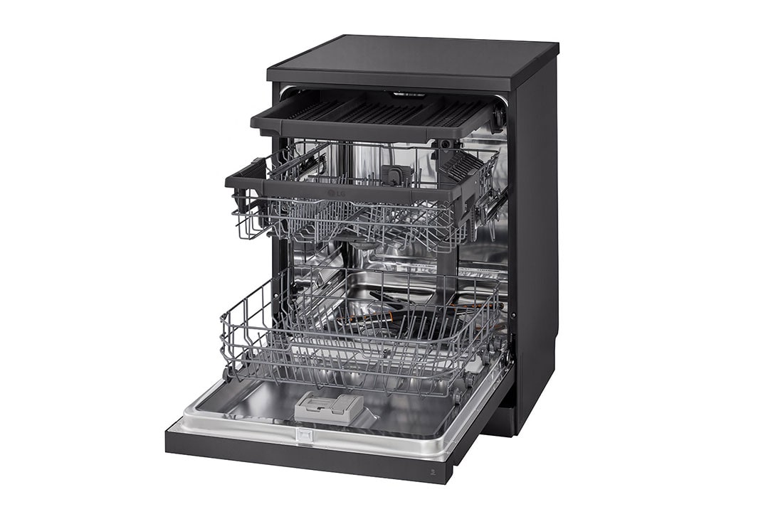 LG QuadWash™ Dishwasher, 14 Place Settings, EasyRack™ Plus, Inverter Direct Drive, ThinQ, Black color, side view with dish, DFC513FD, thumbnail 11