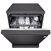 LG QuadWash™ Dishwasher, 14 Place Settings, EasyRack™ Plus, Inverter Direct Drive, ThinQ, Black color, front view with door open, DFC513FD, thumbnail 4