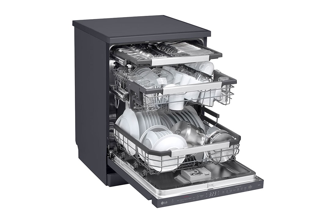 LG Free Standing LG  Dishwasher 14 settings, TrueSteam, Inverter Direct Drive,Matte Black, left view with dish, DFC237HMS, thumbnail 6
