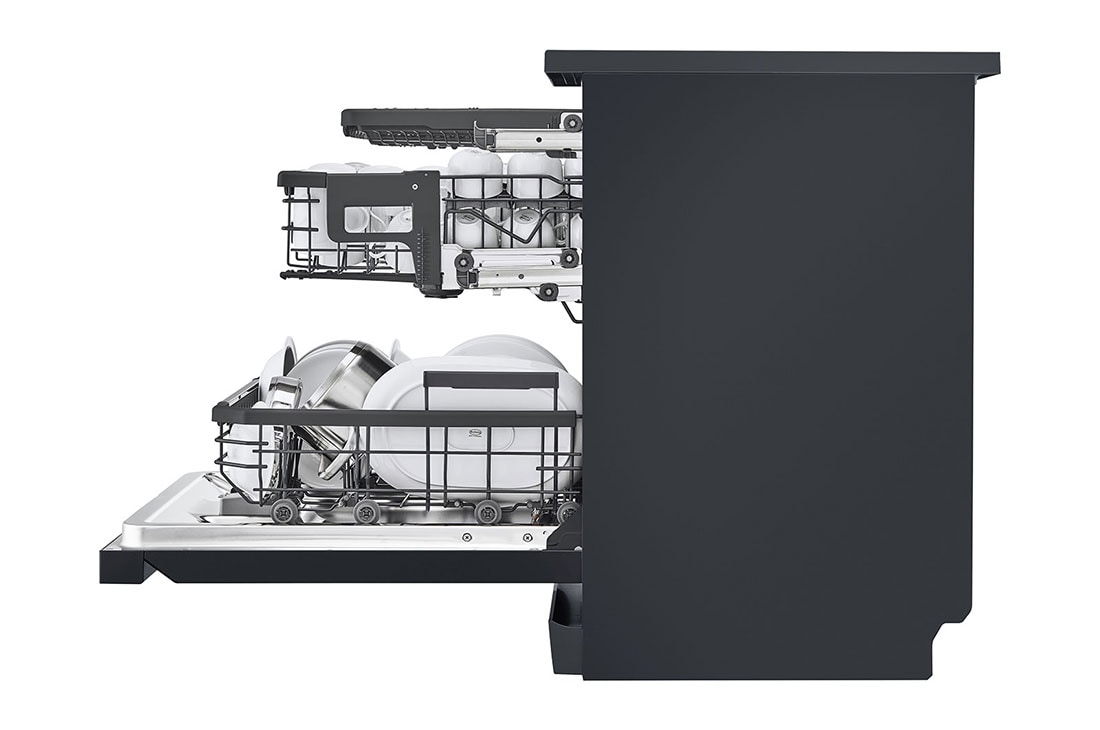 LG Free Standing LG  Dishwasher 14 settings, TrueSteam, Inverter Direct Drive,Matte Black, side view with open door1, DFC237HMS, thumbnail 12