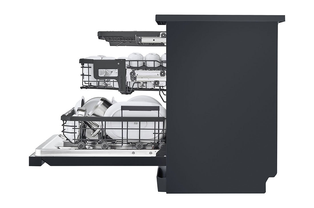 LG Free Standing LG  Dishwasher 14 settings, TrueSteam, Inverter Direct Drive,Matte Black, side view with open door2, DFC237HMS, thumbnail 13