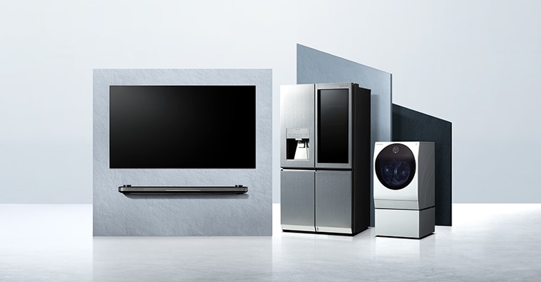 LG SIGNATURE OLED TV W, Refrigerator, and Washing Machine are laid on the virtual space.											