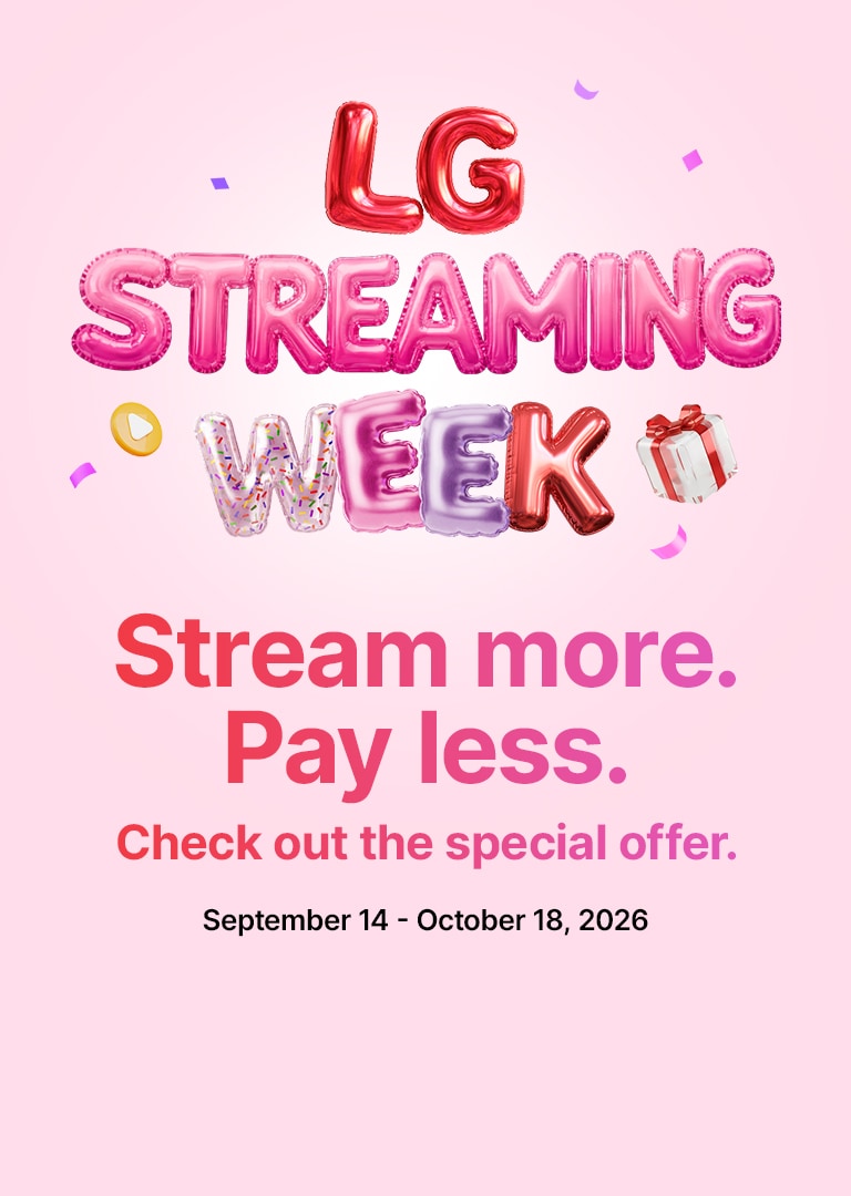 Colorful balloon-style “LG Streaming Week” lettering rises from an open pink gift box, surrounded by ribbons and confetti on a soft pink background.	