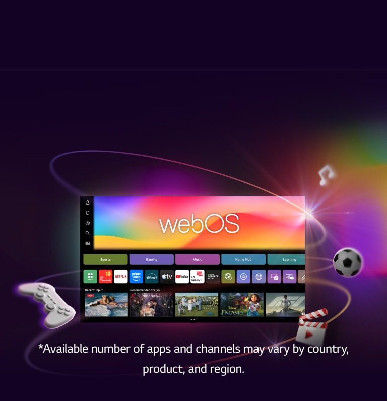 LG Smart TV displaying webOS home screen with entertainment apps and LG Channels UI elements dynamically expanding outward, highlighting 4,000+ global apps and channels.	