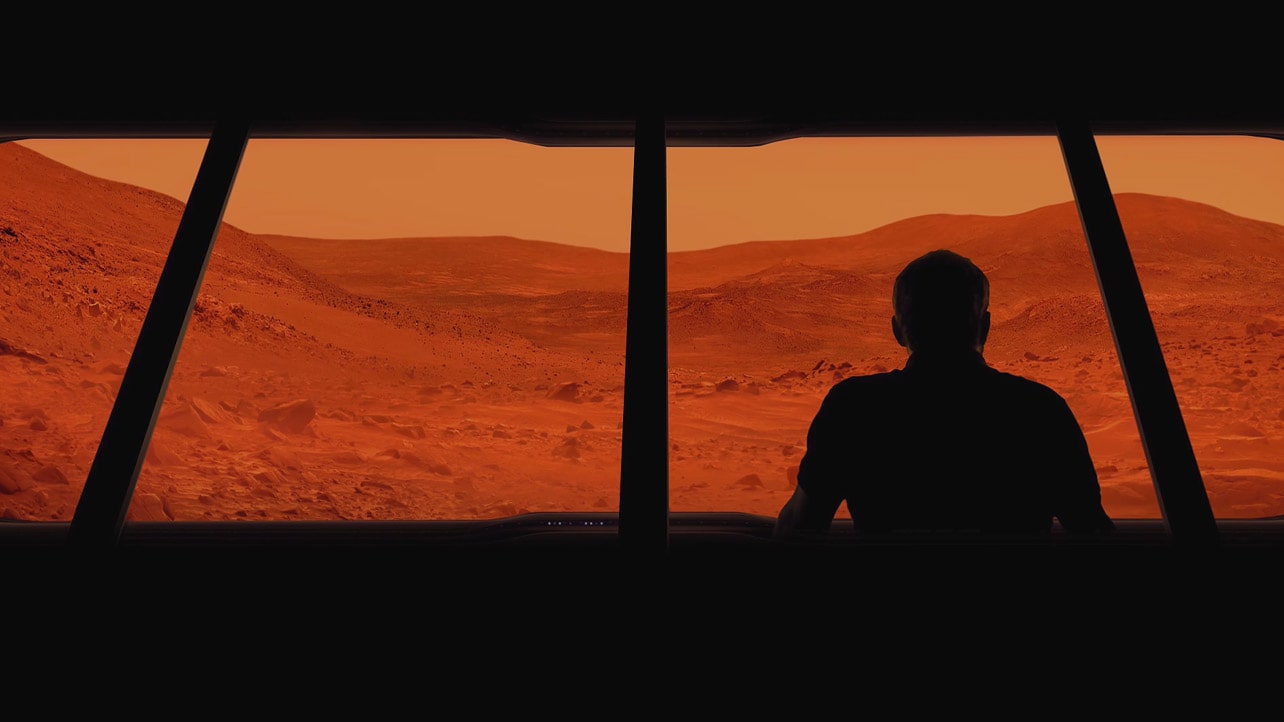 A sci-fi movie scene with a video play button.