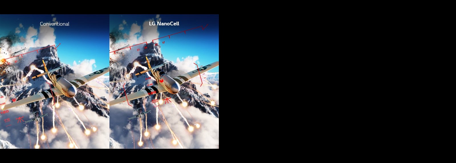 A scene from a shooting game shown half on a conventional TV with normal input lag and half on an LG NanoCell TV with low input lag.