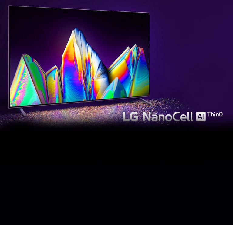 The mark of LG NanoCell AI ThinQ, There is a nanocell TV, and a crystal on the screen. Color particles are visible on the floor.