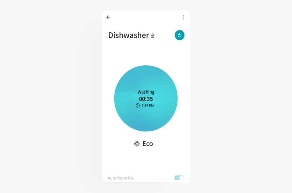 Image shows the dishwasher screen in the LG ThinQ app