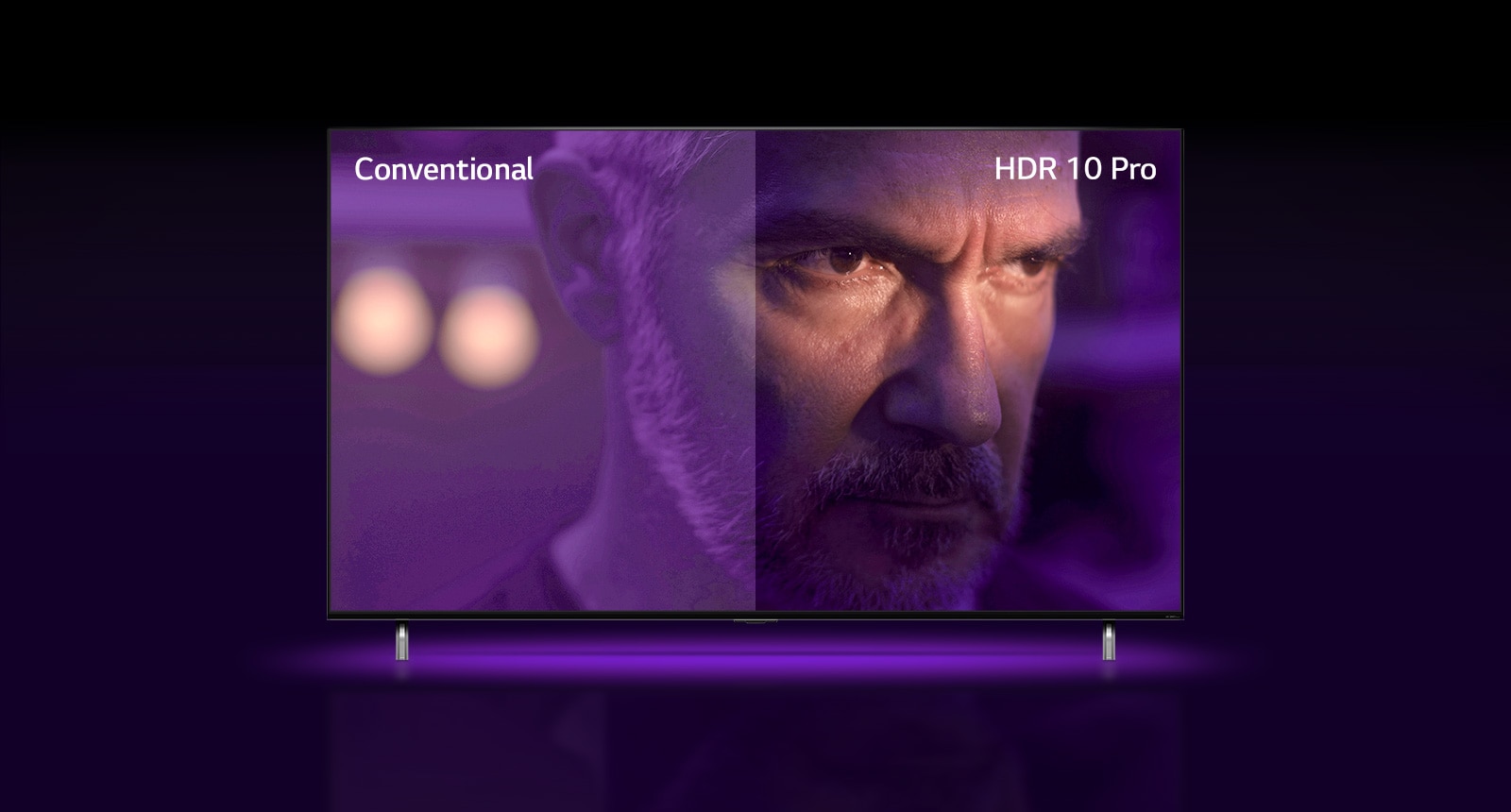 A man is staring outside, looking mad. The image is divided into two part. On left half of image appears to be dull and less vibrant color, while on the right half of image looks more vibrant with more colors. On left top corner says ‘conventional’, on right top corner says ‘HDR 10 PRO’. The image zooms out and shows QNED TV.