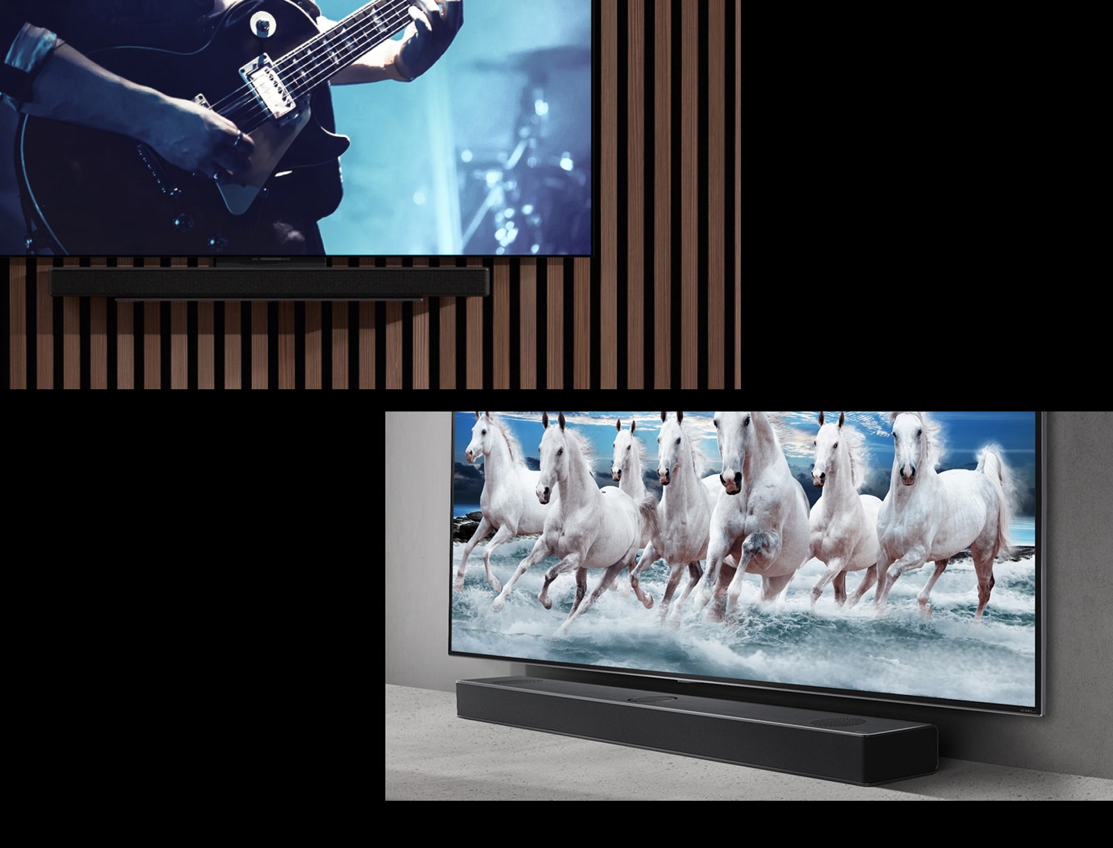As a card image showing the matching design of a TV and a soundbar, the image above shows a TV and soundbar mounted on the wall with a screen displaying a scene of a guitarist playing under a blue light, and below, a TV and soundbar sitting on a shelf with a screen displaying an image of a white horse running on a blue beach.