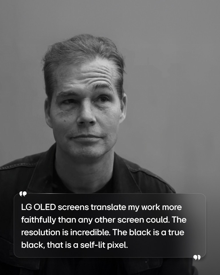 Interview of Shepard Fairey with text that reads “LG OLED screens translate my work more faithfully than any other screen could. The resolution is incredible. The black is a true black, that is a self-lit pixel” 