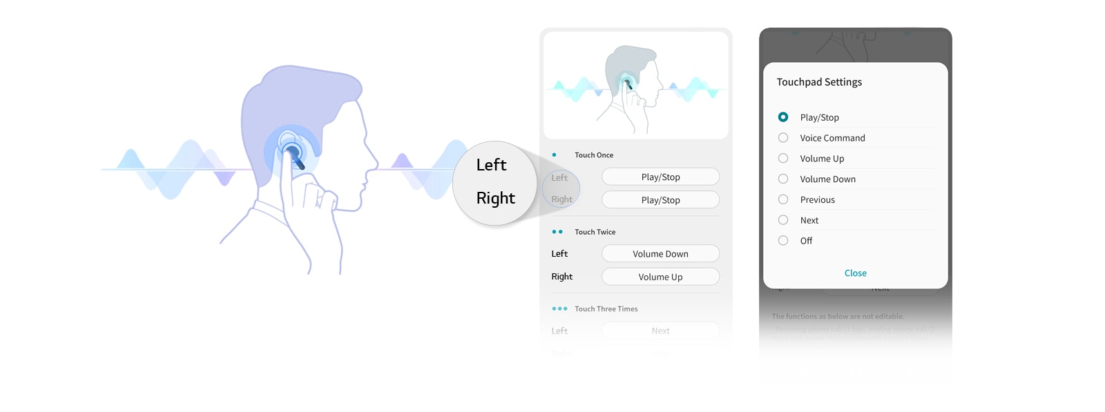 Illustration of the side view of a man touching the earbuds in his ear. App UI screens show that people can adjust the touchpad setting for left and right earbuds.