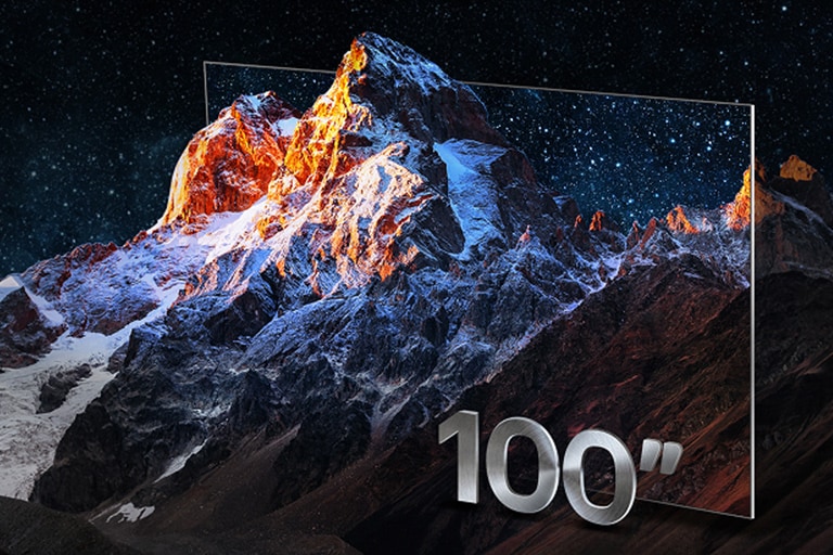 Mountain range with the frame of a TV around it as a creative way to highlight a large TV screen size. With the label 100 inches.