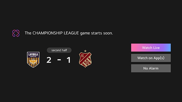 Sports Notification is shown. It's a reminder of the championship league game that's about to start. CTA buttons are also visible, watch live, watch on app, no alarm.