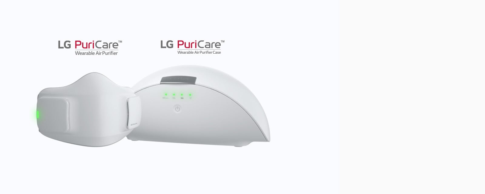 A video opens with the front view of the PuriCare Wearable Air Purifier with a glowing light on the side to indicate it is on. The angle moves side and as it does the filters and inner pieces of the mask extend to show the parts of the mask. The focus moves to the filter and then to the ear strap and then to the face guard and inserts. The view circles back around the mask to the front where it is now completely assembled and the LG PuriCare Wearable Mask Case is just behind it. Both items have green lines shining on the exterior. The LG PuriCare Wearable Air Purifier logo is at the top next to the LG PuriCare Wearable Air Purifier Case logo.