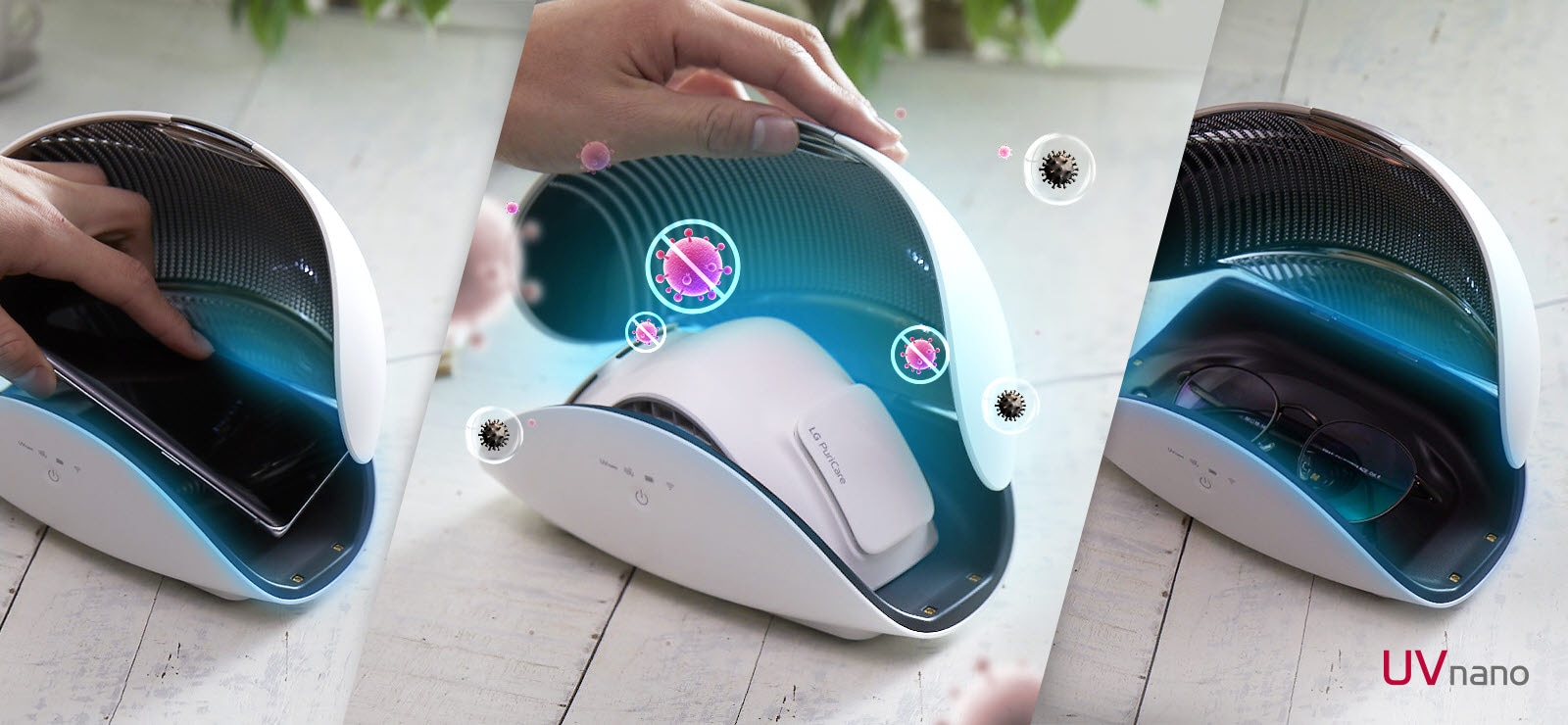 A hand is holding open the LG PuriCare Wearable Air Purifier Case and the LG PuriCare Wearable Air Purifier is inside. There are bacteria icons crossed out floating around to indicate the case Removes bacteria. The UV Nano logo is on the bottom right.