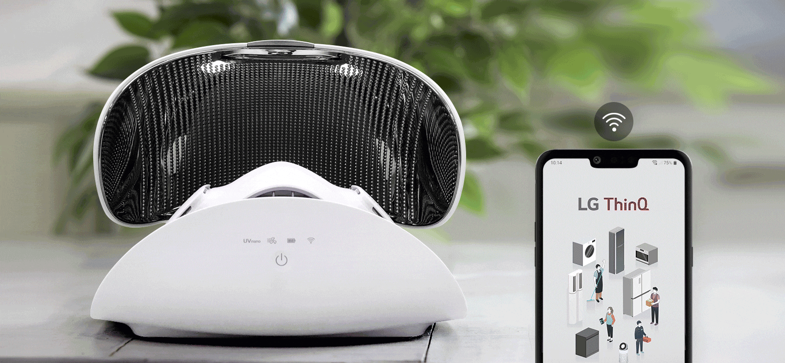 The front of the Purifier case with the lid up and the wearable air purifier is inside is shown in the background with a phone showing the ThinQ app on the screen and a Wifi icon above it are shown in the foreground. 