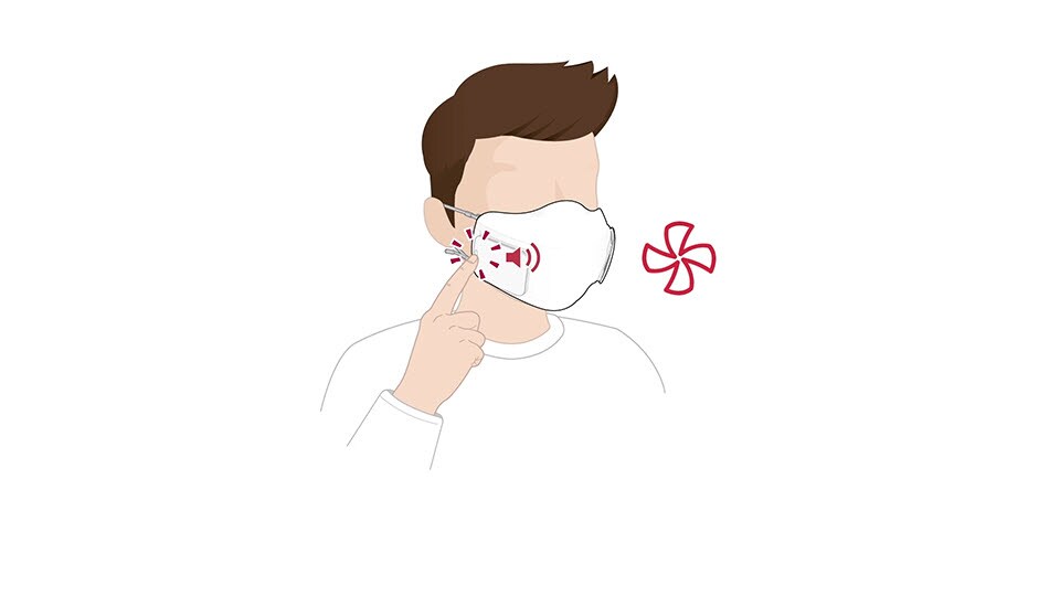 A drawing of a man wearing the wearable air purifier facing front is shown. His hand comes up to touch the side of the mask to turn it on.Where he taps is highlighted with a circle and a volume icon. A fan icon begins to spin next to the man to indicate the purifier is working. The man's finger taps the mask again and the fan icon increases speed. His finger taps once more to increase speed one more time and then he presses the mask again to turn off the PuriCare mask. 